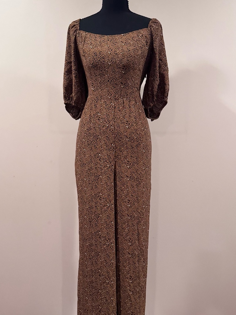 Brown Printed Square-Neck Cheetah Print Jumpsuit with Puff Sleeves